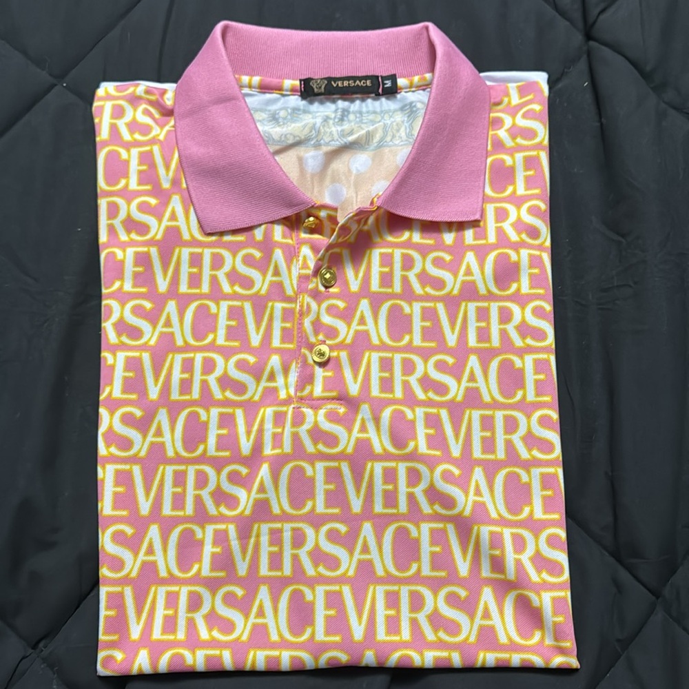 Versace pink & yellow allover polo - Picture 4 of 5